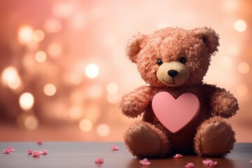 
Cute brown fluffy bear toy holding a red glitter heart with pastel pink bokeh background with copy space