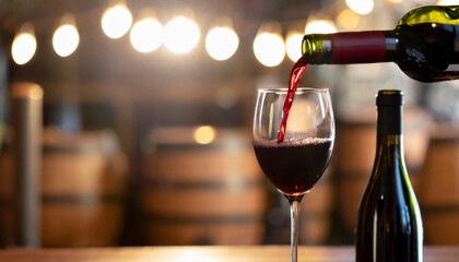 Red wine being poured into a wineglass in a winery cellar