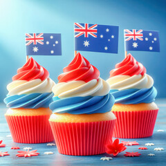 Fresh red, white and blue Australian themed cupcakes with national flag for Australia Day, national holiday celebration, blue color background, natural light, food concept, generative ai
