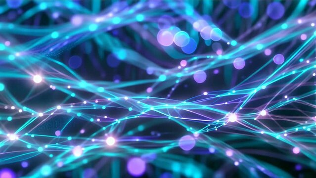 Blue and purple light waves flowing through a digital pattern.
