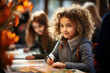 A little beautiful girl draws while sitting at the table in the kindergarten
