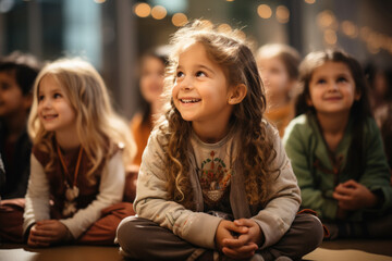Close-up view of happy children listening to the teacher in kindergarten while sitting on the floor