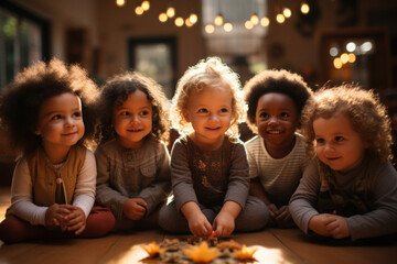 Close-up view of happy children listening to the teacher in kindergarten while sitting on the floor