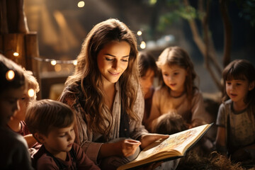 Obraz premium A kindergarten teacher reads a book to happy children