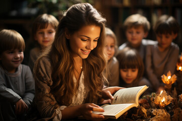A kindergarten teacher reads a book to happy children