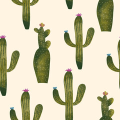 Cute cactus seamless pattern. Botanical illustration for textile, wallpaper
