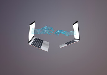 Digital hands reach out to each other from laptop screens. 3D Render