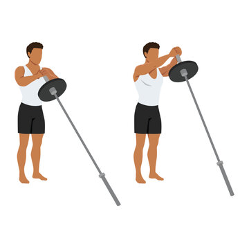Man doing standing landmine chest svend press exercise. Flat vector illustration isolated on white background