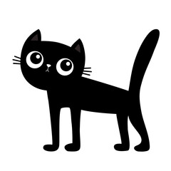 Black cat standing. Funny head face. Kitten with big eyes. Ears, nose, ears. Cute cartoon kawaii baby character. Pet animal collection. Flat design. Black silhouette. Sticker print. White background.
