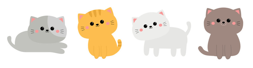 Cat kitten, kitty set line. Different breeds, colors poses. Cute face head, paw print. Cartoon kawaii funny baby character. Kids collection. Sticker print. Flat design. White background Isolated.