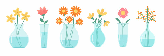 Flower in vase set line. Glass vases with blue water. Different flowers. Cute colorful icon collection. Daisy, tulip, gerbera. Ceramic Pottery Glass decoration. White background. Flat design.