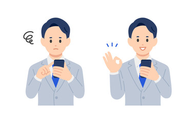 スマホを見て悩む･OKポーズをするビジネスパーソン男性のセット【人物ベクターイラスト素材】