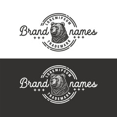 grizzly bear head vintage badge monochrome logo design vector template illustration - obrazy, fototapety, plakaty