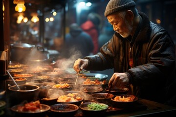 Bustling street vendor selling steaming dumplings, Generative AI