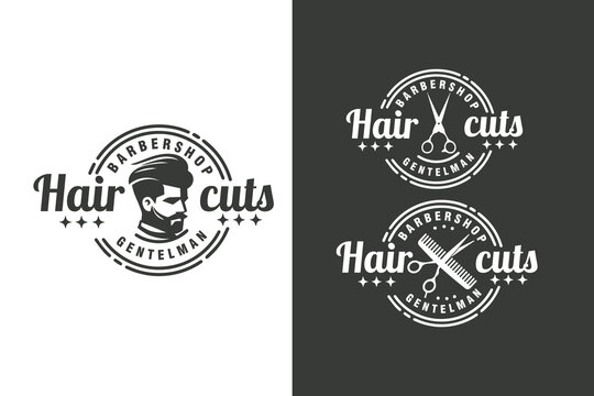 hair cut barbershop set vintage label badge logo design vector template illustration