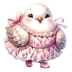 Watercolor illustration of a cute chubby Dove Columbidae character wearing a cute pink flower pattern dress, depicting a cheerful and happy life.