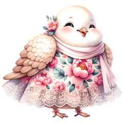 Watercolor illustration of a cute chubby Dove Columbidae character wearing a cute pink flower pattern dress, depicting a cheerful and happy life.