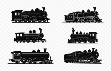 Locomotive silhouette Bundle, Set of old train black vector