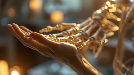 Doctor hand holding bone human joints with the skeleton anatomy of the body - obrazy, fototapety, plakaty