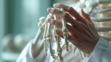 Doctor hand holding bone human joints with the skeleton anatomy of the body - obrazy, fototapety, plakaty
