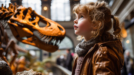 A young girl gazes in awe at a dinosaur skeleton in a museum, capturing the moment of discovery and...