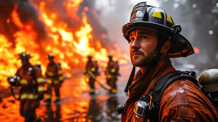 A brave firefighter looks on as fire rages in the background, with team members actively combating the blaze.