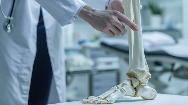 Doctor or laboratory technician points out injured leg and knee bones of a patient in a medical clinic room.