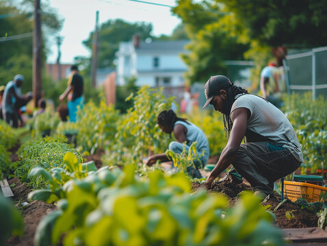 A Community Garden Project In An African-American Neighborhood Where People Of All Ages Are Working Together Symbolizing Growth And Unity