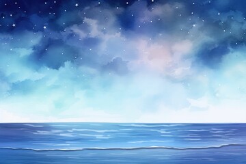 Fototapeta na wymiar Moonlit Watercolor Night Scene Ocean Background: Serene Seascape