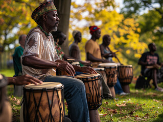 An African Drum Circle At A Local Park Celebrating Traditional Music And Community