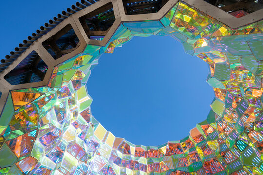Mountain View, CA, USA - Nov 23, 2023: Low angle view of "Halo" by SOFTlab, a colorful structure that re-creates the appearance of light on soap bubbles, outside of Google's Gradient Canopy office.