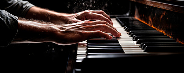 Hands on a piano close-up hovering over the keys playing a piece on a dark mysterious magical...