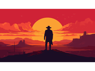 cowboy sunset clouds landscape desert background silhouette wild west artwork illustration