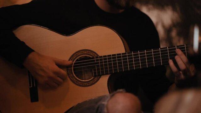 Close-up of flamenco guitar in Cadiz, Spain