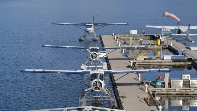 Float Planes Moored at the Vancouver Harbour Flight Centre - Sunny Day