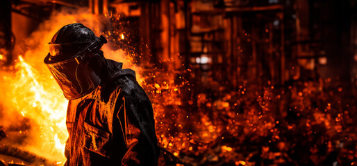 Fototapeta na wymiar Steel foundry protective equipment and helmet surrounded by glow and sparks of molten metal during welding metalworking. The silhouette of worker against fiery background. Banner. Copy space