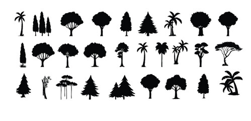 Animals silhouette big set. silhouette tree line drawing set, Side view, set of graphics trees elements outline symbol for architecture and landscape design drawing. Vector illustration
