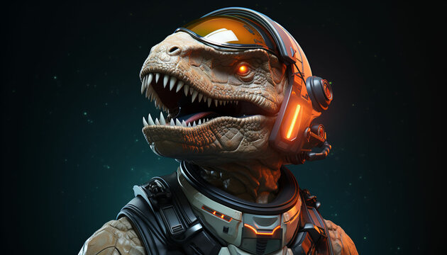 Create a dinosaur equipped with futuristic space gear such as a helmet, jetpack, and high tech gadgets for space exploration