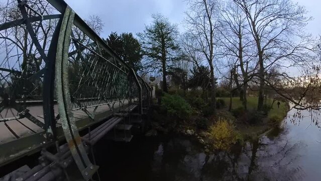 Very beautiful drone video capture of the bridge over the lake in Vincennes city