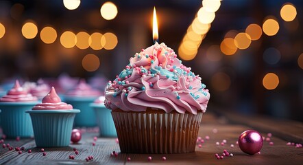 the birthday candle is lit on the cupcake background, in the style of light sky-blue and pink,...