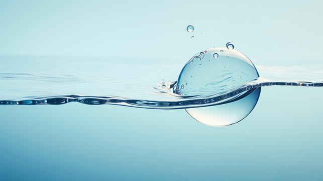 An abstract round drop of water falls into water, forming receding waves and circles on the surface. Balance and symmetry. Unique natural phenomena. Purity and tranquility. Relaxation. Splashing