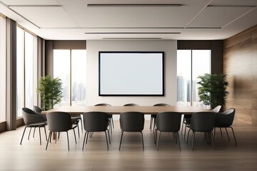 Meeting conference room with blank empty tv screen monitor. Made with Generative Ai