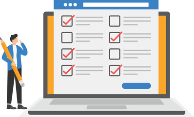 Online survey concept design for web or app. Businessmen fill online form computer flat vector


