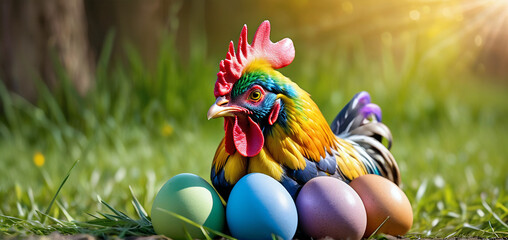 the real hero of easter is the multi colored easter chicken hen, laying all the variegated eggs that children around the world love to eat in the easter season - obrazy, fototapety, plakaty