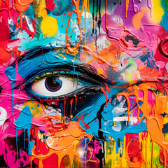 Abstract geometric multicolored graffiti with text and eye on a street wall The myriad of colors ranging from yellow to deep blue, pink, orange, dynamic swirls and splashes. Street art.