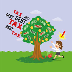 Character a woman who was shocked by debt tax tree eatting her saving money and asset. illustration vector cartoon.