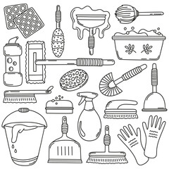 Set of hand drawn of items for cleaning isolated on a white background. Work equipment for keeping the house clean. Doodle, simple outline illustration. 