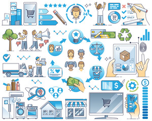 Customer journey elements with buyer purchase steps outline collection set, transparent background. Items with commerce and marketing theme illustration. Ads, buying, delivery and feedback stages.