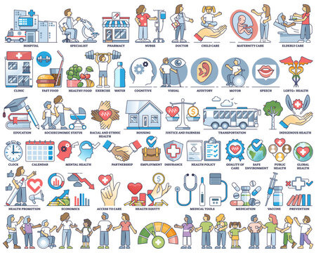 Health equity and medical system social elements outline collection set, transparent background. Items with hospital and doctor availability, public community care and wellness illustration.