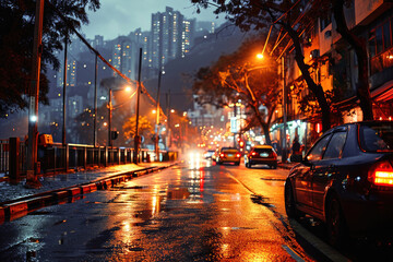 Wet urban street scene at night with glowing lights, cars, and high-rise buildings in the background.